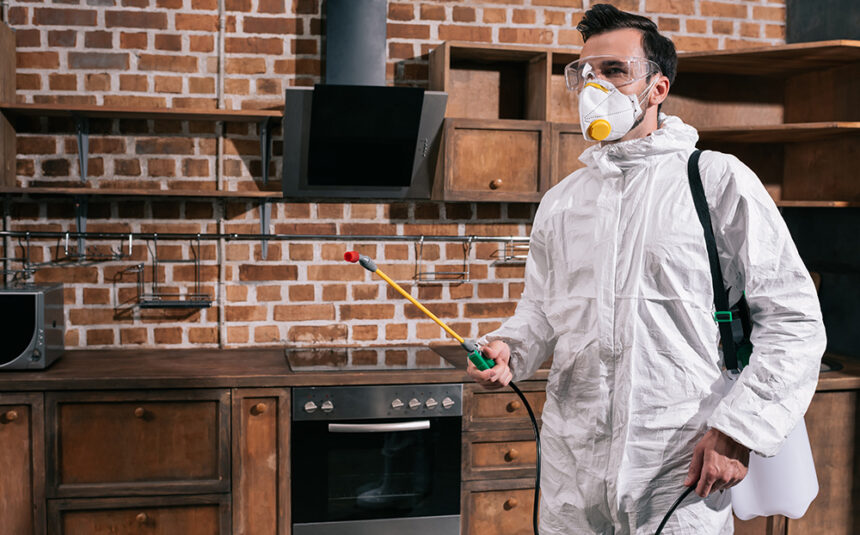side view of pest control worker standing with sprayer in kitchen
