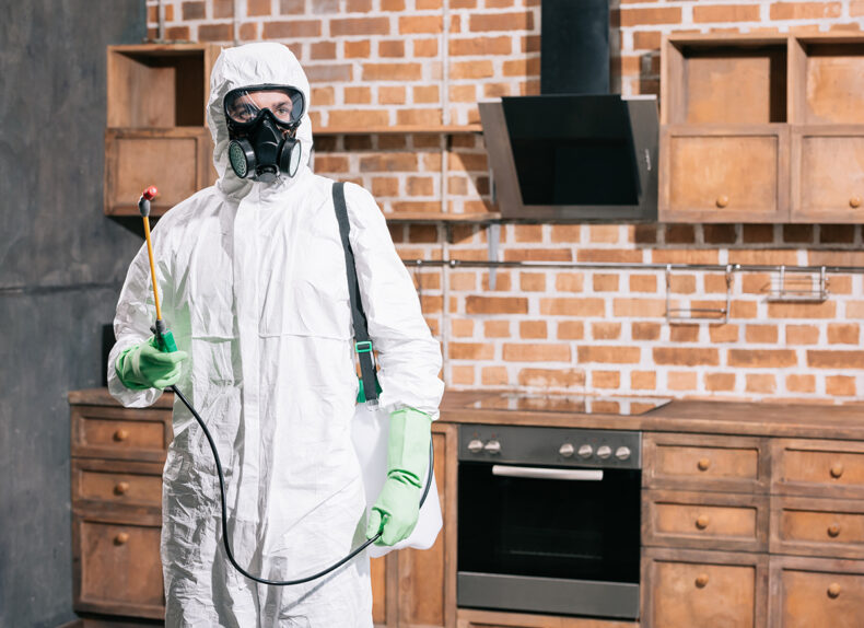 pest control worker standing with sprayer in kitchen
