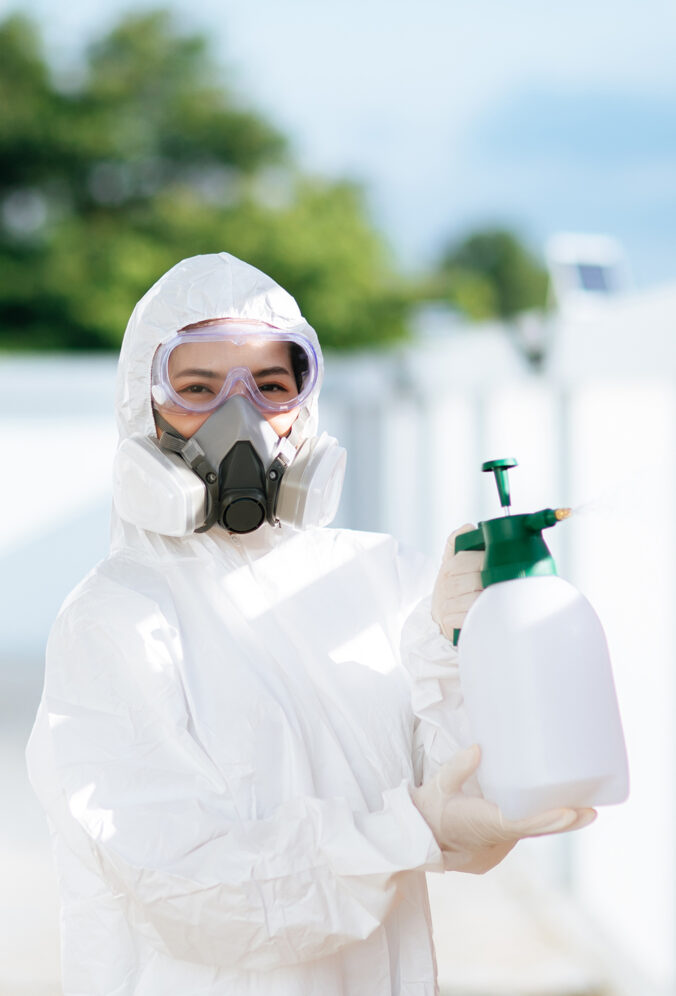 Disinfection specialist team in personal protective equipment (ppe) suit, gloves, mask and face shield, cleaning Quarantine area with a bottle of pressurized spray disinfectant to remove covid-19