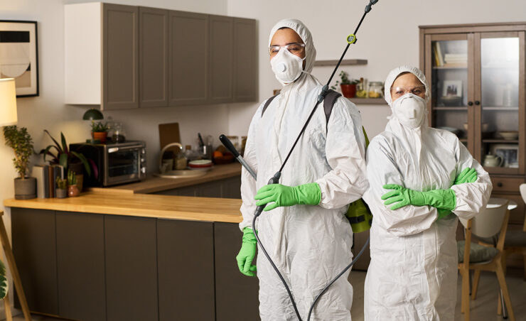 Portrait of cleaning workers disinfecting apartment in team