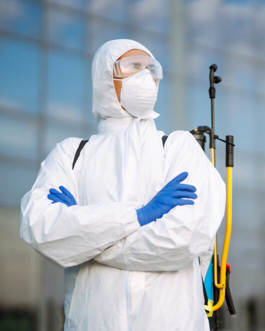 Disinfecting to prevent COVID-19, Man in protective hazmat suit with spray chemicals. Cleaning