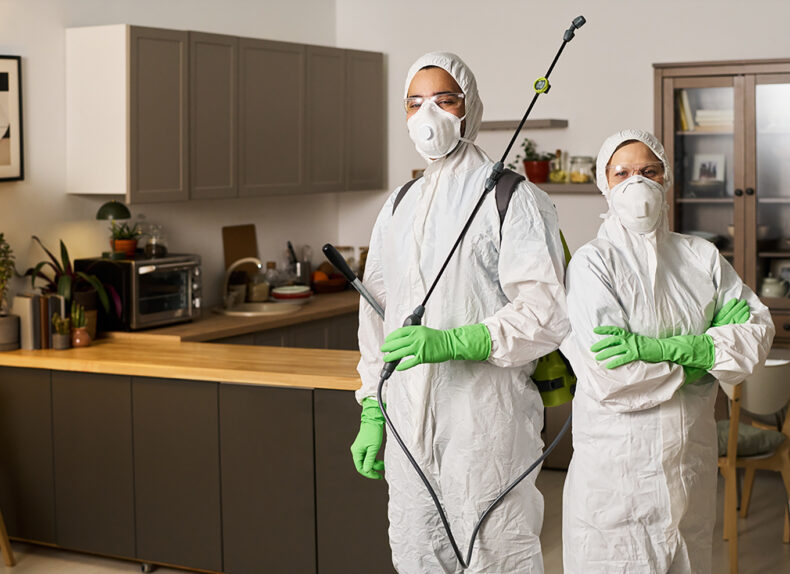 Portrait of cleaning workers disinfecting apartment in team