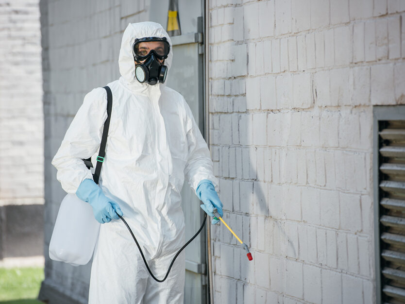 pest control worker in respirator spraying pesticides with sprayer on building wall